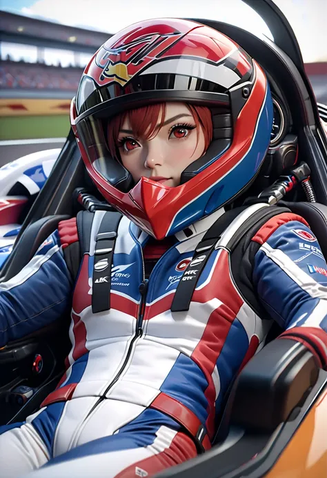  ( bestquality,4K,8k, highres,masterpiece:1.5),ultra-detailed,(realistic,photorealistic,photo-realistic:1.3),HDR,UHD,A girl with red hair and red eyes is riding in the cockpit of a racing machine、racing suit with white pattern on blue、 Detailed white real ...