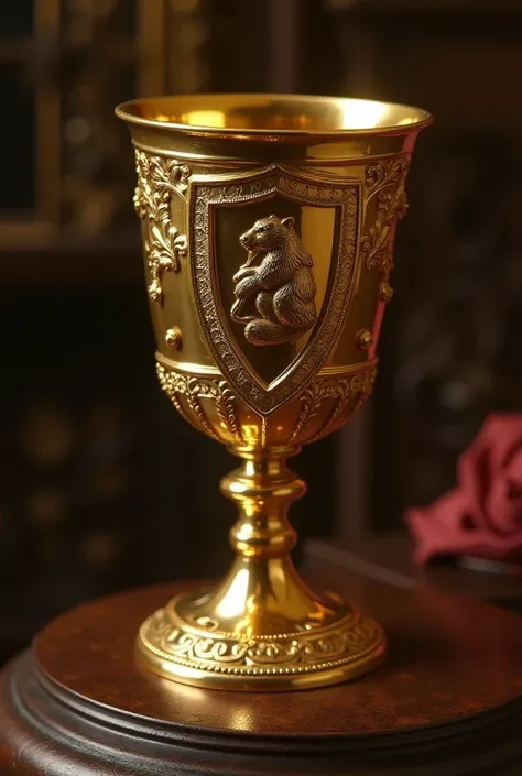 Generate realistic images of a golden cup adorned with badgers engraving in the middle (Badger ),  that symbolizes loyalty and hard work ,  one of Helga Hufflepuff's most precious objects.
