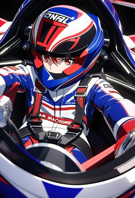 2.5d anime-style art 、A girl with red hair and red eyes is riding in the cockpit of a racing machine、racing suit with white pattern on blue、 Detailed white real skin 、cyberformuladriverseat、 high quality 3D rendering . dramatic lighting 、 Physically Based ...