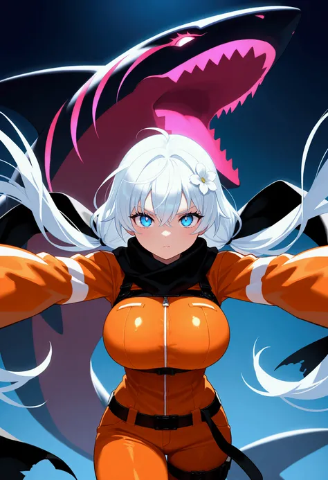 (super detailed:1.2, masterpiece:1.2, best quality:1.2, high res:1.2) 1girl, white hair, long low twintails, white flower hair tie, blue eye, {sharp eyelashes}, bright eyes, huge_breasts, shiny_skin, orange jumpsuit, convict, black scarf, red energy shark