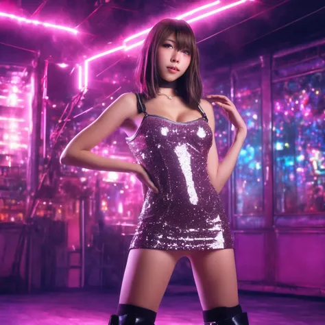 (multiple subjects) (subject 1: cute woman, (age 20, sparkling mini dress and mini blouse, sparkling short boots, hair has pink highlights and sparkles) she is striking sexy poses as she hurls sparkly love magic at the viewer), fantasy modern world fusion,...