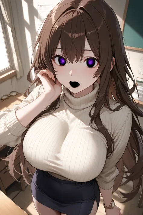  one woman　A dark abandoned room at midnight　Hypnosis　Mental Pollution　Hypnosisを受ける女性　 Hair　deep dark brown hair　 long wave hair　 expressionless 　Open your mouth just a little　 drool　 open pupils 　Purple eyes　 Hollow Eyes 　Big Breasts　 turtleneck sweater t...