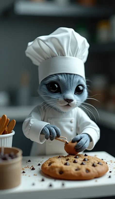 A CLOSE-UP HYPER-REALISTIC X-Ray Tetra CHEF IN A MINIATURE YET FULLY FUNCTIONAL KITCHEN, MAKING THE MOST DELICIOUS CHOCOLATE CHIP COOKIES. ITS TINY PAWS CAREFULLY MEASURE THE DOUGH FOR PERFECT CONSISTENCY –AR 9:16.