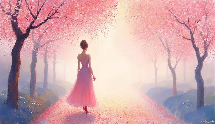 Georges Seurat Style,blur sky and cherry blossoms ,noble lady walking A Stroll Down Memory Lane