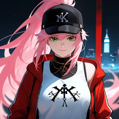 white woman with long pink hair, Black sport cap with red details, green eyes and a slightly square shaped face, light smile, wearing a New York Yankees Black and red jacket and a white tank top, she is in a night city with colorfull paints backhround. is ...