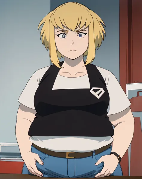  score_9,   score_8_arriba,   score_7_arriba, a girl, Alone , Kara Zor-El(big fat body),  a girl, Alone ,   short hair, shirt,   closed mouth  ,   collarbone, vest, thick eyebrows, open black vest, animification, (  coloring anime  :1.2),   beautiful detai...