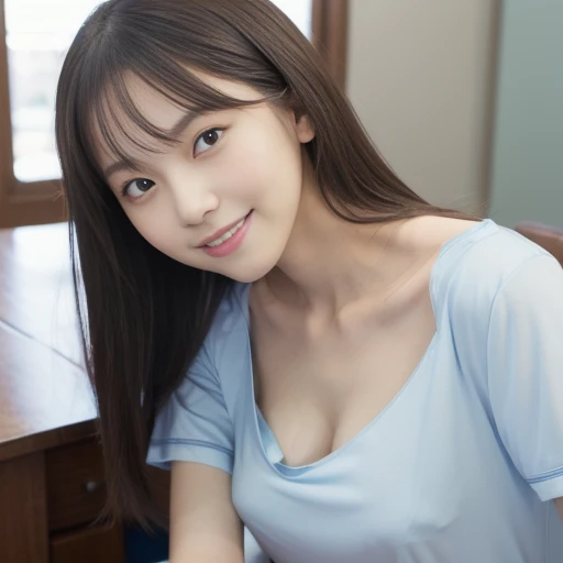 nsfw,person, leaning forward, hands on desk, light blue t-shirt,  (downblouse:1.6),focus on neck, from front, top-down view, ((masterpiece)), ((best quality)), (ultra-detailed), ((beautiful eyes)), Japanese female, (slender:1.3), ((30 years old)), beautifu...