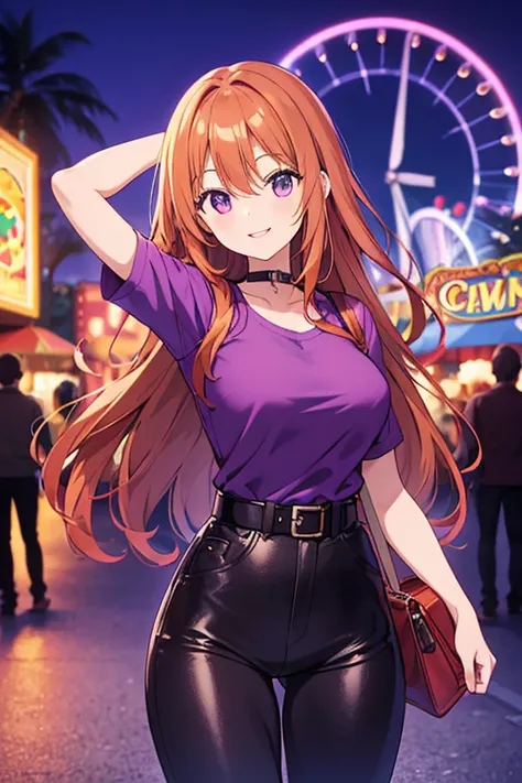 A beautiful smiling woman with straight and slightly wavy orange hair dressed in black leather pants with belt, a purple t-shirt , carrying a bag with her and against the backdrop of an amusement park at night.