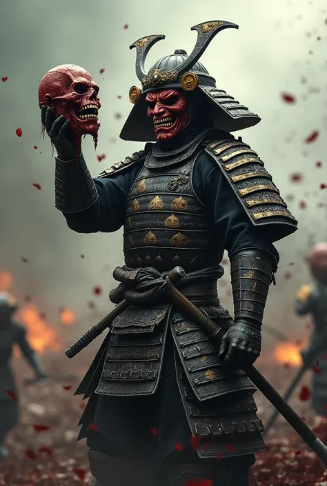 I would like to create a samitai with a bloody decapitated person in battle but with a hannya mask
