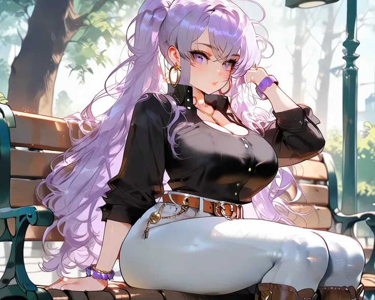 age girl, long light purple hair with bangs to the side, purple eyes, big breasts, wearing a black top with a low neckline, tight jeans with a belt, brown boots, voluminous thighs, hoop earrings, purple bracelet, she is sitting on a bench in a park.