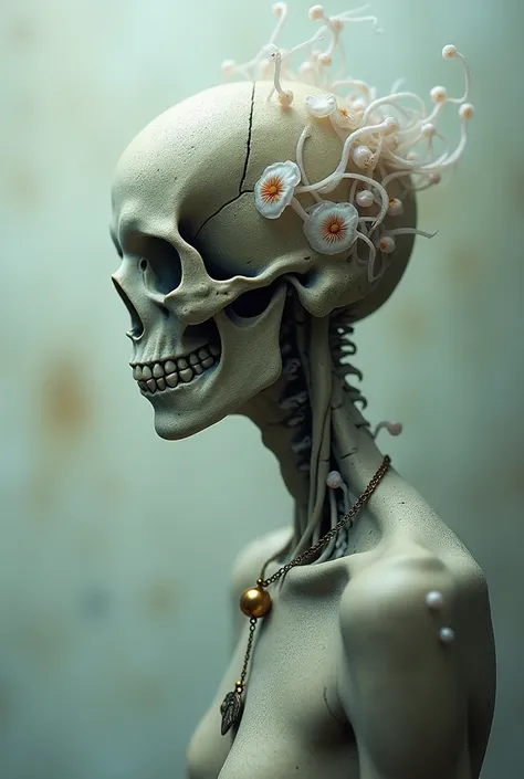 An abstract human form, depicted as thin lines and curves. A skull motif replaces the head, with a swirling mass of jellyfish tentacles forming within it. A delicate chain with a minimalist moth pendant rests on the neck, connecting the different elements....