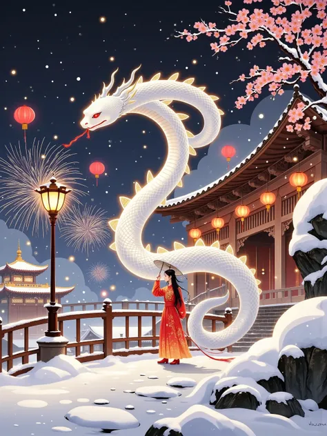  a festive Chinese style New Year picture ， The corner of the picture is decorated with plum blossoms 。 ， with tassel beads on the head ， holding a lotus palace lantern ， The corner of the picture is adorned with plum blossoms 。 The dragon dance team winds...