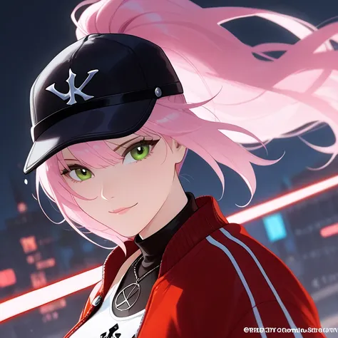 white woman with long pink hair, Black sport cap with red details, green eyes and a slightly square shaped face, light smile, wearing a New York Yankees Black and red jacket and a white tank top, she is in a night city with colorfull paints backhround. is ...