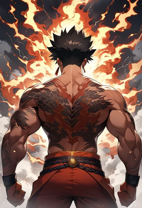 Saiyan, God of fire and lightning, Dragon tattoos on the back, strong physique, Saiyan warrior outfit, black hair, 8k high definition