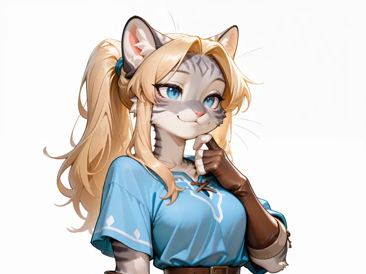 , katXL, countershading, adult female, Anthro furry feline, blue eyes, grey striped fur, :3, cheek fluff, blonde hair, long blonde hair, ponytail, side locks, parted bangs, bangs resting on one side of face, small breasts, pink nose, whiskers, tall body...