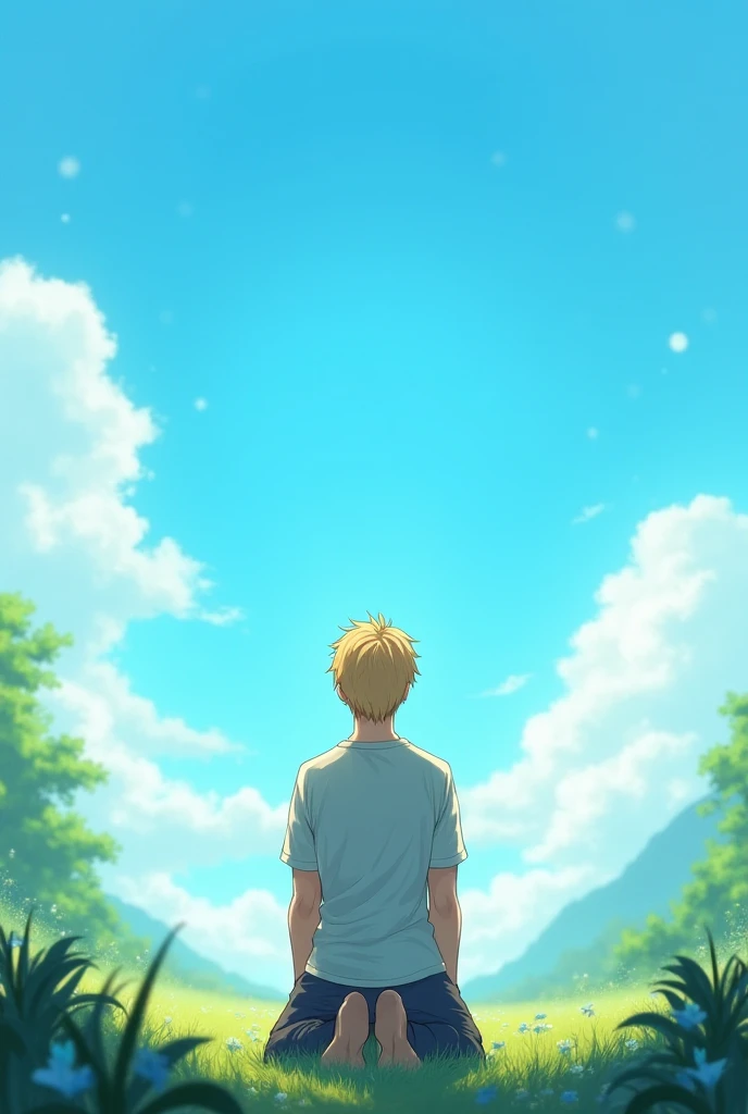 Blond man looking at the blue sky on his knees 