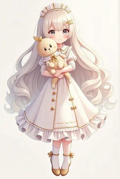  Create for me the image of a girl in anime , with long hair and white eyes ,  she dresses all in white with gold details , She looks like a doll and carries a plush doll with her.  Her long hair is smooth with curly ends . She's always smiling.