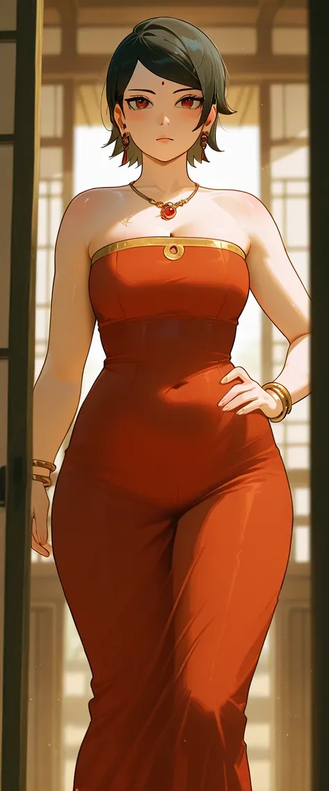 (((best quality)), ((masterpiece)), (detailed), sarada uchiha, hot and sexy voluptuous indian 19 years old girl having massive boobies and thick thighs, cleavage, wide hips narrow waist, chubby body, motherly body, bent body, hip up, wearing traditional In...