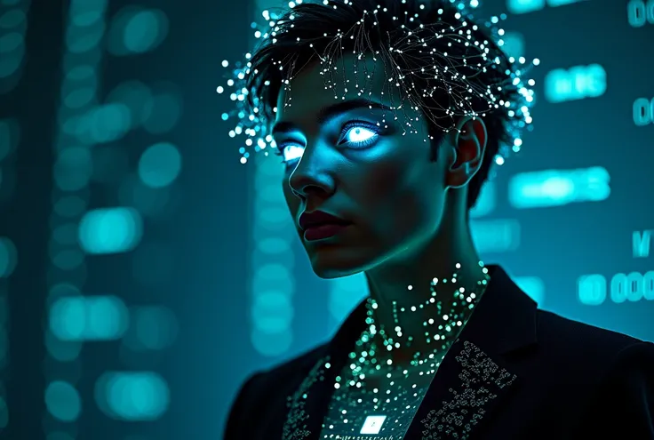 Male detective . Behind him is a woman with a hairstyle made of light threads , hologram eyes,  codes, instead of a heart in her chest, she has a black cube with an inscription: “Clone v .2.1”.  hologram eyes against the background of programming codes 
