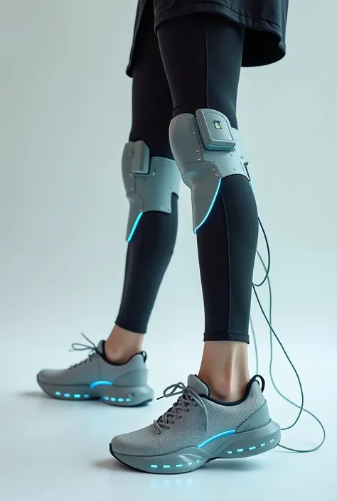 Create an image of electrical shoes that produced electricity and have a connected energy storage that place on the knee 