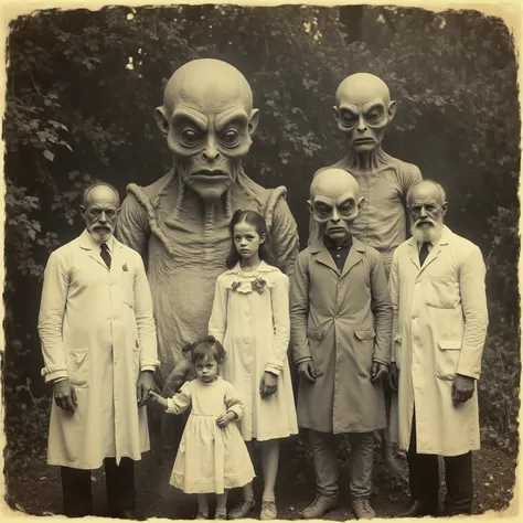 Daguerreotype photo. Scientists in white lab coats pose outside with a a short grey alien with large black eyes, and a tall grey alien with large black eyes. Photo realistic
