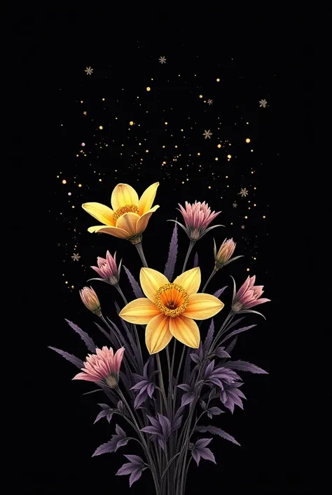 Let me tell you want I want. So I want a black background. I want a bunch of withering flowers and in the middle of them I want a blossoming narcissus. I want little gold specks floating in the air as well as dark purple specks. I want the title on the pos...