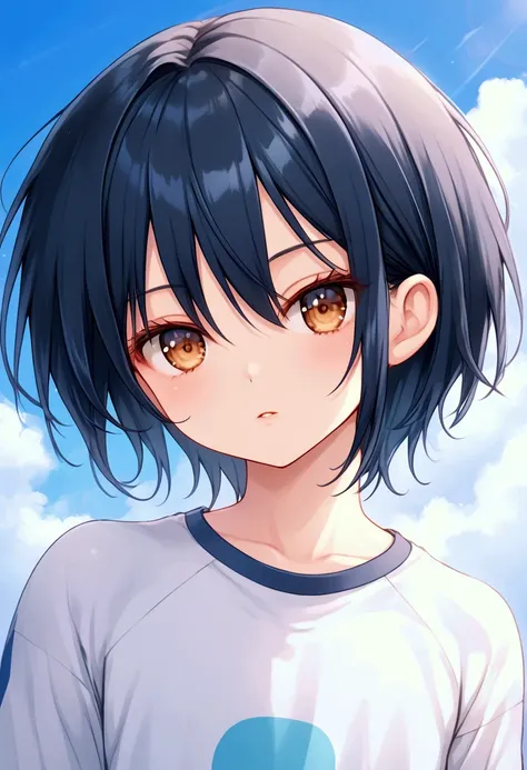 raglan sleeves, solo, 1girl, short hair, brown eyes, expressionless, black hair, blue hair, portrait, upper body, reverse trap, looking at viewer, sky, androgynous, outdoors, cloud, shirt, close-up, parted lips