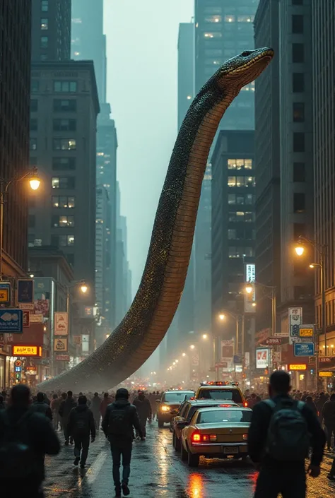 A gigantic anaconda snake slithering through a bustling city street, causing chaos and panic. People are seen running away in fear, some leaving behind dropped belongings as they flee. The massive snake towers over cars and buildings, its scales glistening...