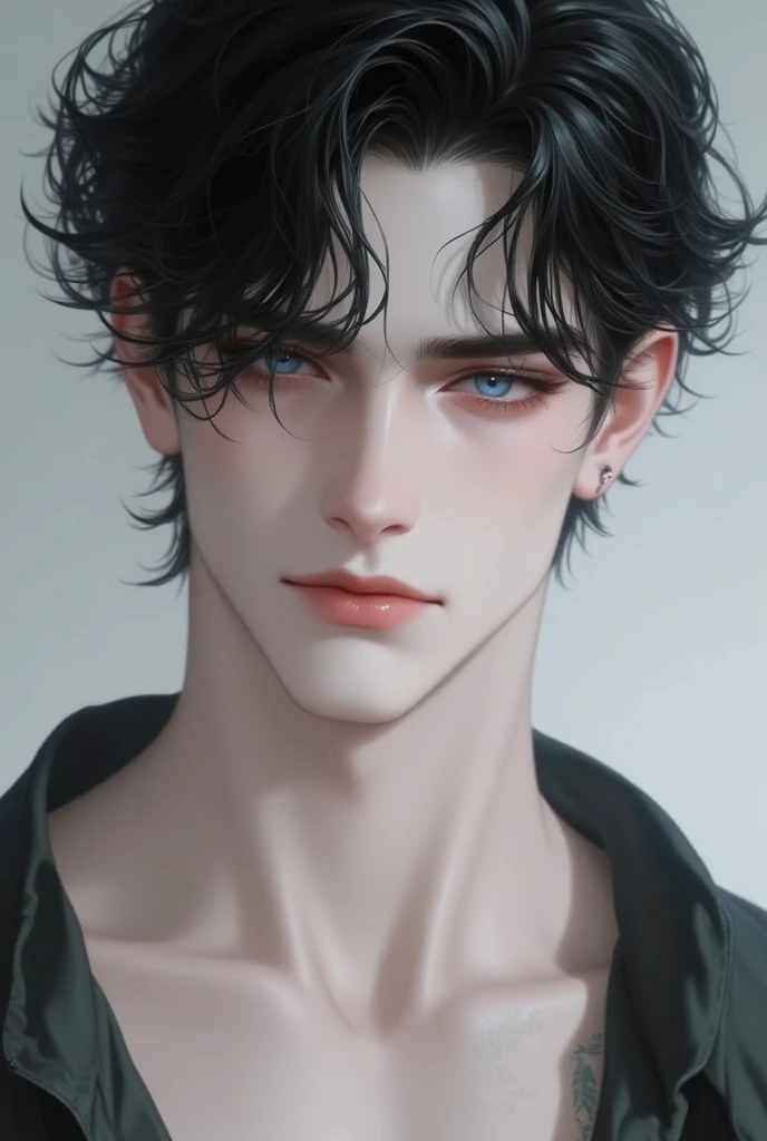  A man with beautiful blue eyes , with black Muller hair , pink plump lips ,  pale skin,  slim and slender body , without any beard,  has no expression lines