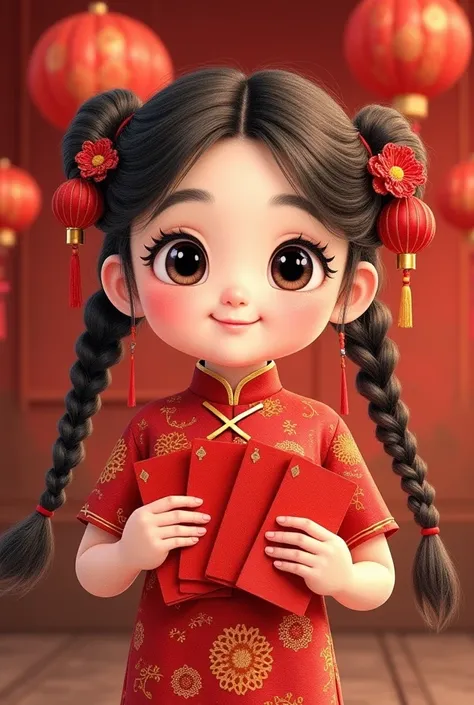 Cute and charming  wearing a little red Chinese cheongsam, cute double braids, big bright eyes and long thick eyelashes. She is holding several red envelopes in both hands. She pays New Year's greetings to the audience in front of the camera. Her backgroun...