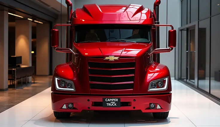 CLOSE    FRONT    VIEW   of A conceptually design new upcoming 2027  Model Red Chevrolet Motorhome Camper Truck American  sleek  Long Size Motorhome Camper Truck it's look is Futuristic and four big steel straight pipe exhaust Car captured from  CLOSE   FR...