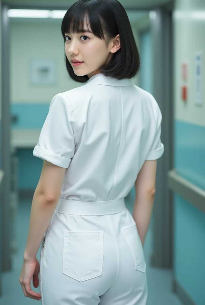   panty line が見える　 Nurse　Rear View　 looked back 　20 years old　  pants style　  super fit uniform　  short bob　E Cup　 panty line 　Underwear can be seen through the top and bottom white uniform pants