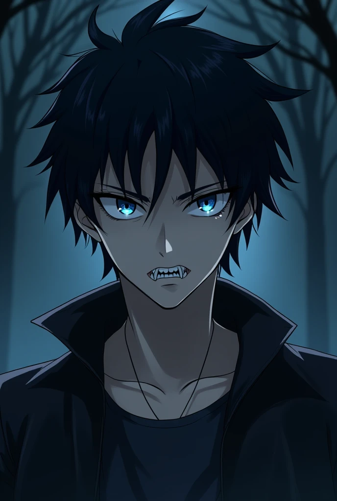 A 16-year-old man with fair skin and dark blue eyes, Black hair and sharp teeth, In the shape of Kaleb from Sense Life in anime