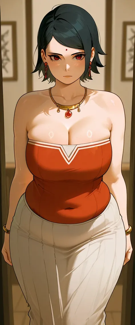 (((best quality)), ((masterpiece)), (detailed), sarada uchiha, hot and sexy voluptuous indian 19 years old girl having massive boobies and thick thighs, cleavage, wide hips narrow waist, chubby body, motherly body, belly folds, bent body, hip up, wearing t...