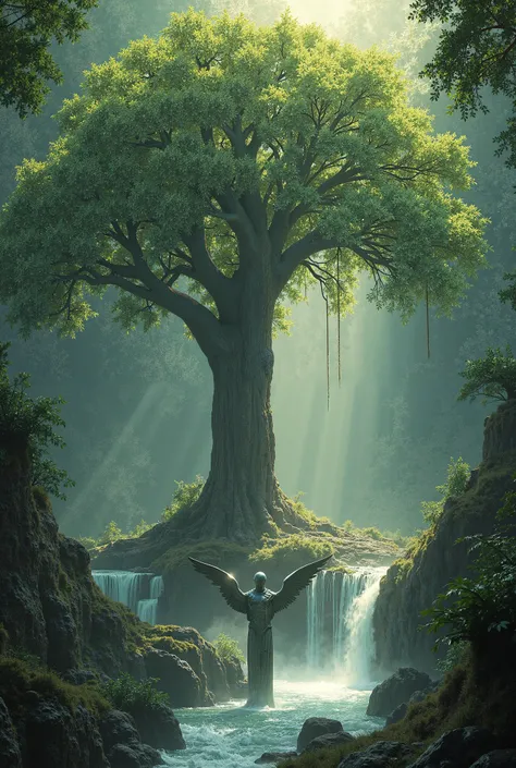  Create a highly realistic image ,  with a realistic texture of the Garden of Eden and the Tree of Life in the center
While an angel in shiny silver armor stands guard.
 The tree is majestic and grand 
The angel has no face ,  and yes a light that comes ou...