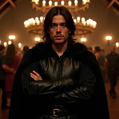  A man,  21 years old,  brand,  arms crossed, strong,  wide shoulder leather jacket,  expression would be ,  brand,  long straight hair, blacks,  falling over his face ,  deep brown eyes , narrow lips, defined mandible, dressed in medieval clothing , black...