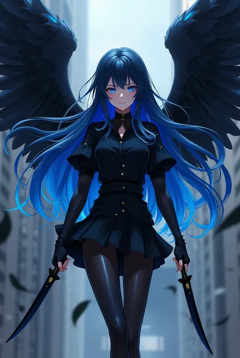 ( maximum quality,  best quality angle,  official art ,  full body,  Beautiful and aesthetic:1.2)  anime girl , Crow wings on the back,  blue eyes, long blazing blue and black hair, Armadura preta, black shirt,  black pants,  holding two daggers .
