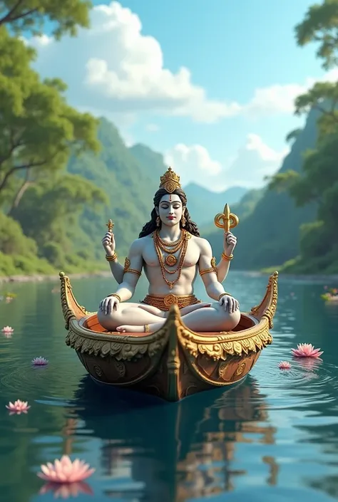 Create a beautiful image of lord vishnu sitting on a boat in meditation.realistic, 3D image