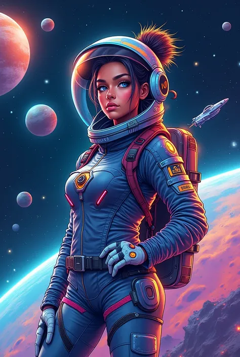 Create a vibrant and futuristic illustration of a space explorer girl. She should be wearing a stylish and modern spacesuit with neon accents and technological elements. The scene should include a space background with planets, stars, and a spaceship in th...