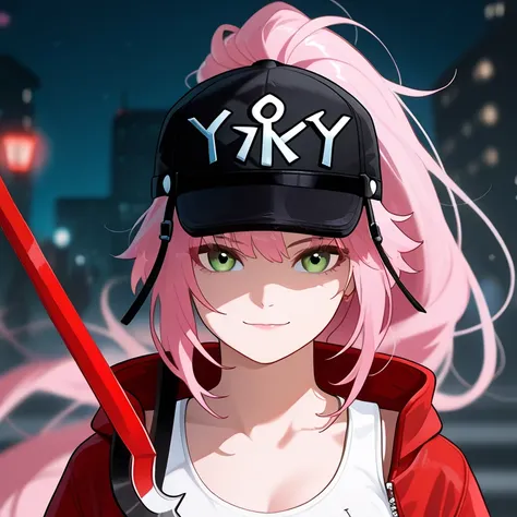 white woman with long pink hair, Black sport cap with red details, green eyes and a slightly square shaped face, light smile, wearing a New York Yankees Black and red jacket and a white tank top, she is in a night city with colorfull paints backhround. is ...