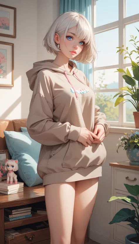 Cute 20 something year old girl, white hair, bob haircut, pastel blue eyes, slightly pointed nose proportional to her face, soft naturally pink lips, medium breasts, wearing a light brown hoodie, perfect hands, perfect legs, bare legs, inside a lodge, stan...