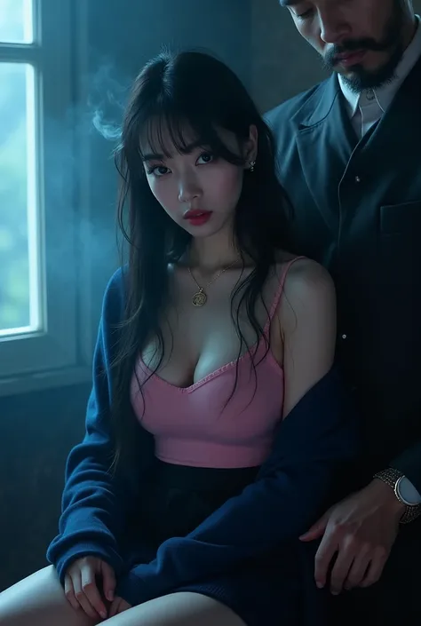 a beautiful k-pop girl, wearing pink tanktop with navy cardigan with black skirt short, longhair with bangs, sit, in the night, she's smoking, look someone big man