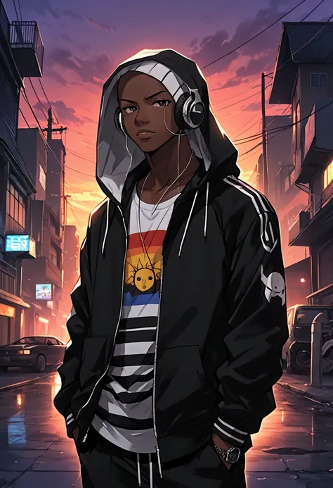 (Best quality, 8k, 32k, Masterpiece, UHD:1.2) dark skin boy with earphones and a hoodie listening to music, young anime man, inspired by Okumura Masanobu, inspired by Okumura Togyu, as an anime character, buzzcut, black camo hoodie, striped shirt sun set i...