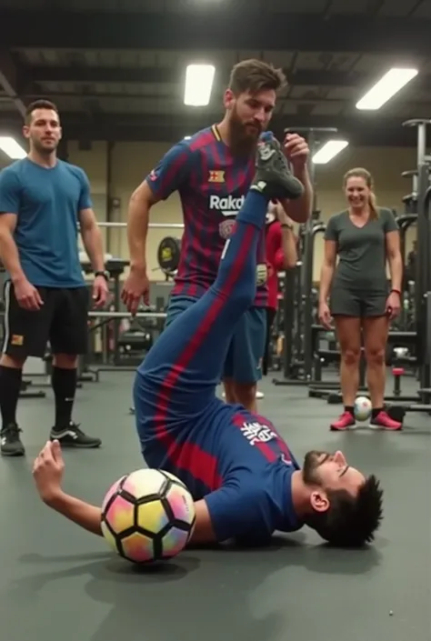 Messi falling with a football: Messi attempting an exercise where he balances on a football, but he slips and falls flat on the ground. People in the gym laugh while Messi scratches his head, looking embarrassed.