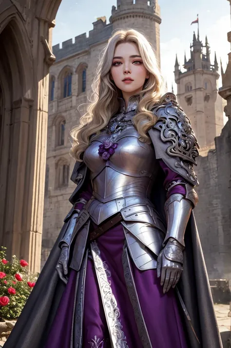 high quality, fantasy art, upper body focus, beautiful face, medieval setting, beautiful european female knight wearing purple and silver full body plate armor, long blonde hair, facing the camera, dark eye color, dark eyes, castle in the background, ornat...