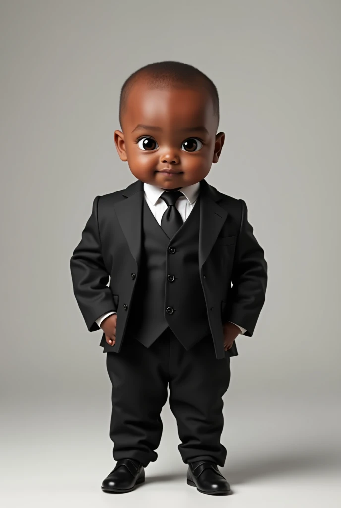 A realistic full-body photo of a  Black boy dressed as The Boss Baby, wearing a black suit, white shirt, and black tie. The boy has a neat and uniform buzz cut hairstyle, standing confidently in a professional studio setting with a clean and neutral backgr...