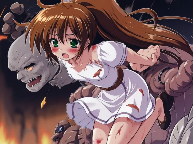 whole bodyが見える,The girl is seriously injured  , Frightened face、,Crying face, the girl who is jumping 、 The girl has a distressed expression、Frightened face、A fight between a girl and a monster , monsters catch the girl and lift her up,Monster bites girl ,...