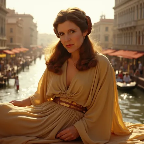  Carrie Fisher is wearing a grey-yellow Jedi robe,  full length style,  long hair hairstyle,  sunlight shines from behind , with Venice in the background 