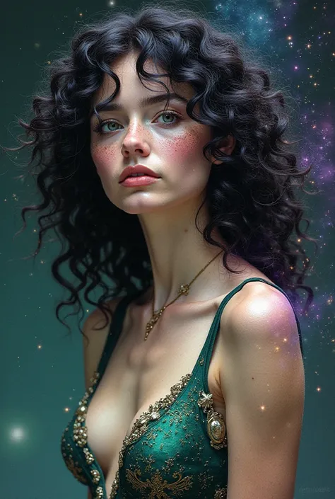 white cosmic goddess, with freckles and black curly hair, around her there are similar constellations, her powers have the colors of the galaxies PURPLE, GOLD AND GREEN, the same colors as the dress that has designs that resemble the galaxy. I want her mag...