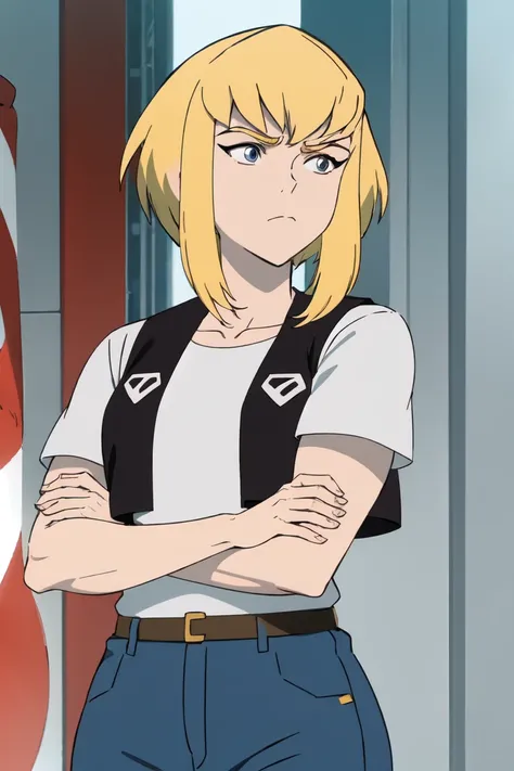  a girl, Alone , Kara Zor-El,  a girl, Alone ,   short hair, shirt,   closed mouth  ,   collarbone, vest, thick eyebrows, open black vest, animification, (  coloring anime  :1.2),   beautiful detailed eyes  , jeans